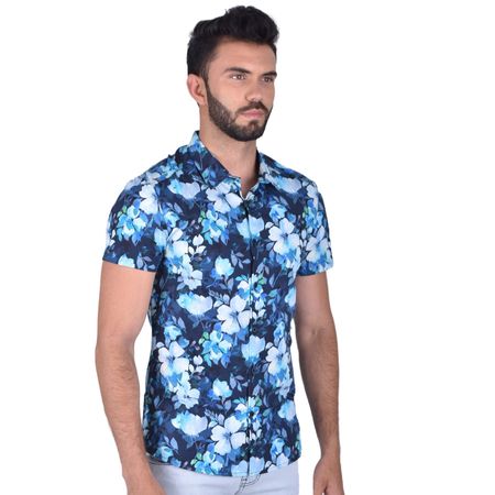 Camisa hawaiana, manga corta, estampado flores aqua