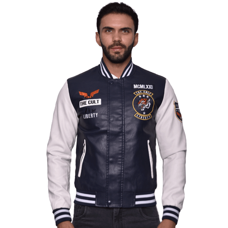 CASACA COLLEGE DE CUERO ECOLOGICO - PUÑOS DE RIB  CON BORDADOS PERSONALIZADOS