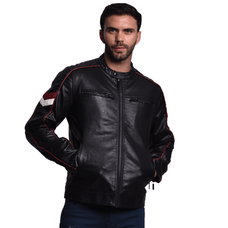 CASACA DE CUERO ECOLÓGICO PARA HOMBRE CON DISEÑO DE COLORES EN LOS BRAZOS