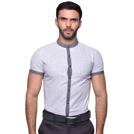 CAMISA MANGA CORTA DE CUELLO NERU CON TEXTURA JASPEADO  - GRIS