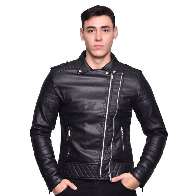 CHAQUETA MOTOCICLISTA DE CUERO ECOLOGICO NEGRO - Main Image