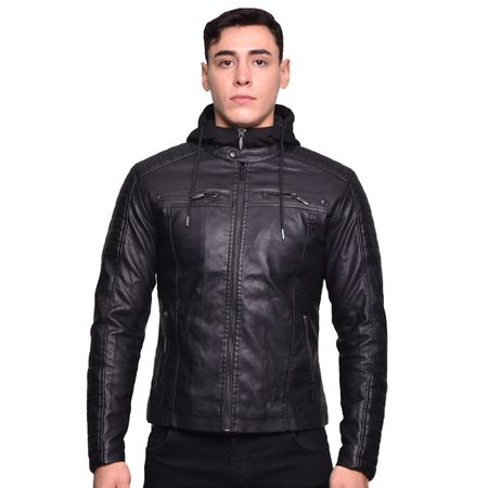 CASACA DE CUERO ECOLOGICO CON CAPUCHA EXTRAIBLE - NEGRO