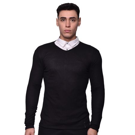 CHOMPA JASPEADO EN CUELLO V - NEGRO