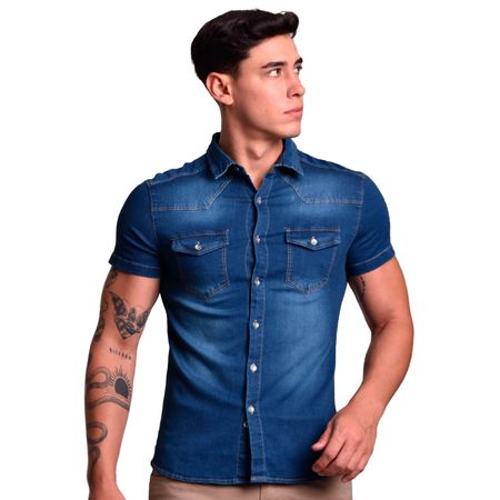CAMISA DENIM MANGA CORTA PERFECT FIT - BEIGE