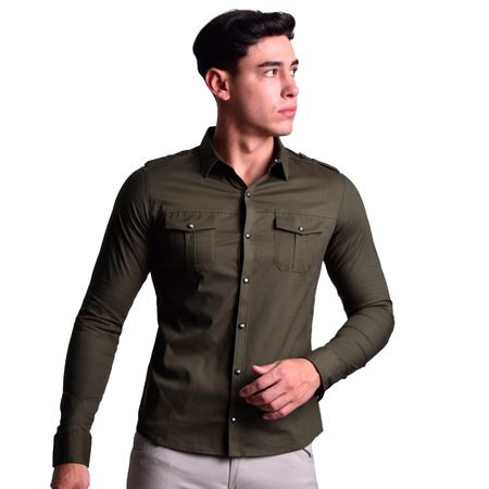 CAMISA ESTILO MILITAR MANGA LARGA PERFECT FIT - VERDE MILITAR