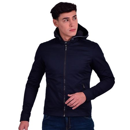 CASACA SATINADA CON CAPUCHA EXTRAIBLE PERFECT FIT - AZUL NOCHE