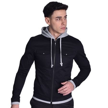 CASACA DRILL CON CAPUCHA Y PECHERA EXTRAIBLE - NEGRO