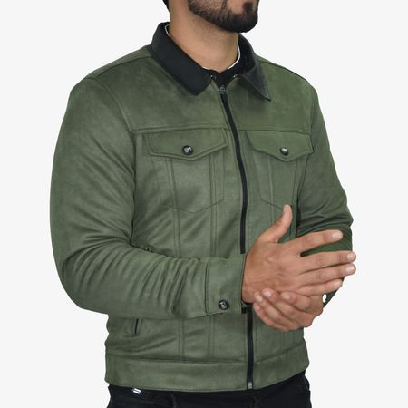 Casaca Signature efecto piel gamuzada – interior térmico de peluche , cuello ecocuero y  herrajes inoxidables - VERDE OLIVO