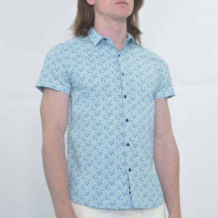 Camisa manga corta con print floral | Tejido confort | Entalle Perfect Fit - CELESTE
