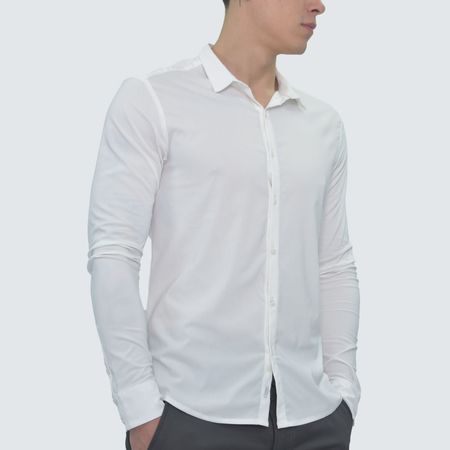 Camisa manga larga super flex transpirable Signature | Tejido super flex de caída ligera | Entalle Perfect Fit - MARFIL